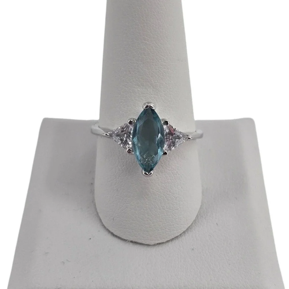 Ring Womens 10 Marquise Blue CZ Rhodium Electroplate Three-Stone NEW